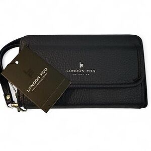 London Fog Fiona Pebble Leather Wristlet Wallet Black Zip Around NWT